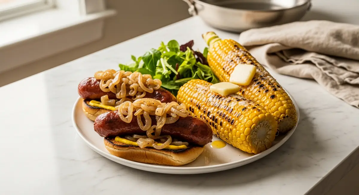 Beer-Braised Brats with Roasted Corn and a Side Salad