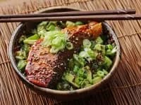 Easy Teriyaki-Glazed Salmon, Cucumber, and Avocado Rice Bowls