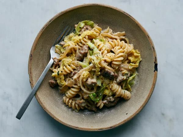 Pasta with Sausage, Caramelized Cabbage and Goat Cheese