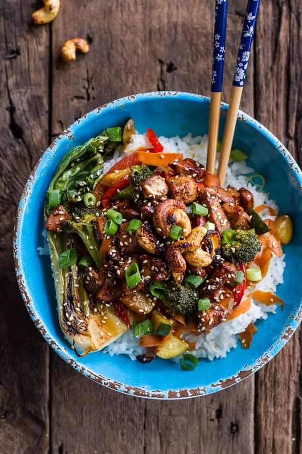 Quick Honey Ginger Pineapple and Summer Veggie Chicken Stir Fry with Caramelized Cashews