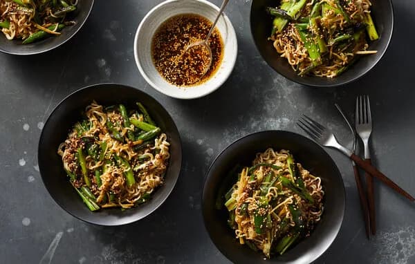 Ramen with Charred Scallions, Green Beans and Chile Oil