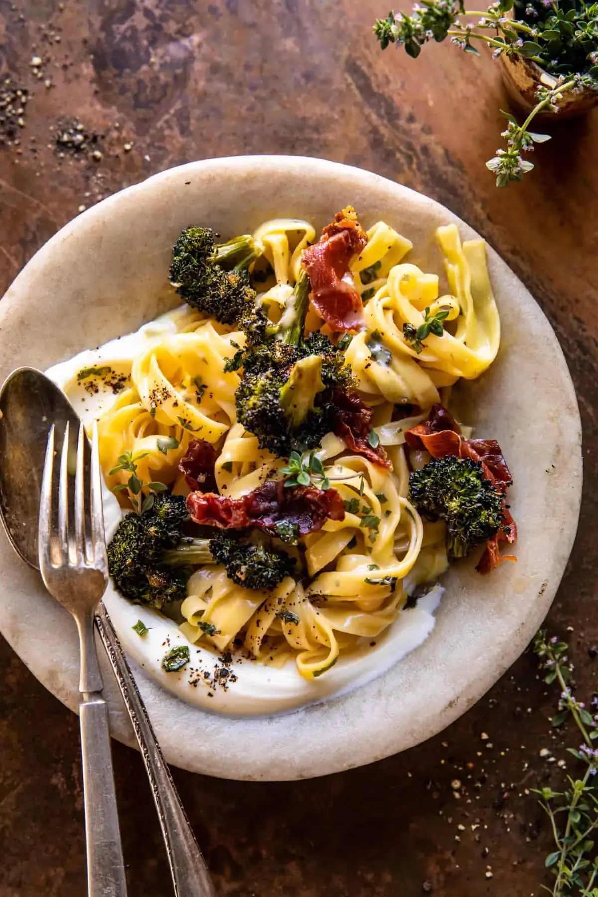 Roasted Broccoli Pasta Carbonara with Crispy Prosciutto and Whipped Ricotta
