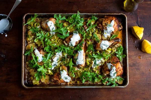 Roasted Chicken with Potatoes, Arugula and Garlic Yogurt