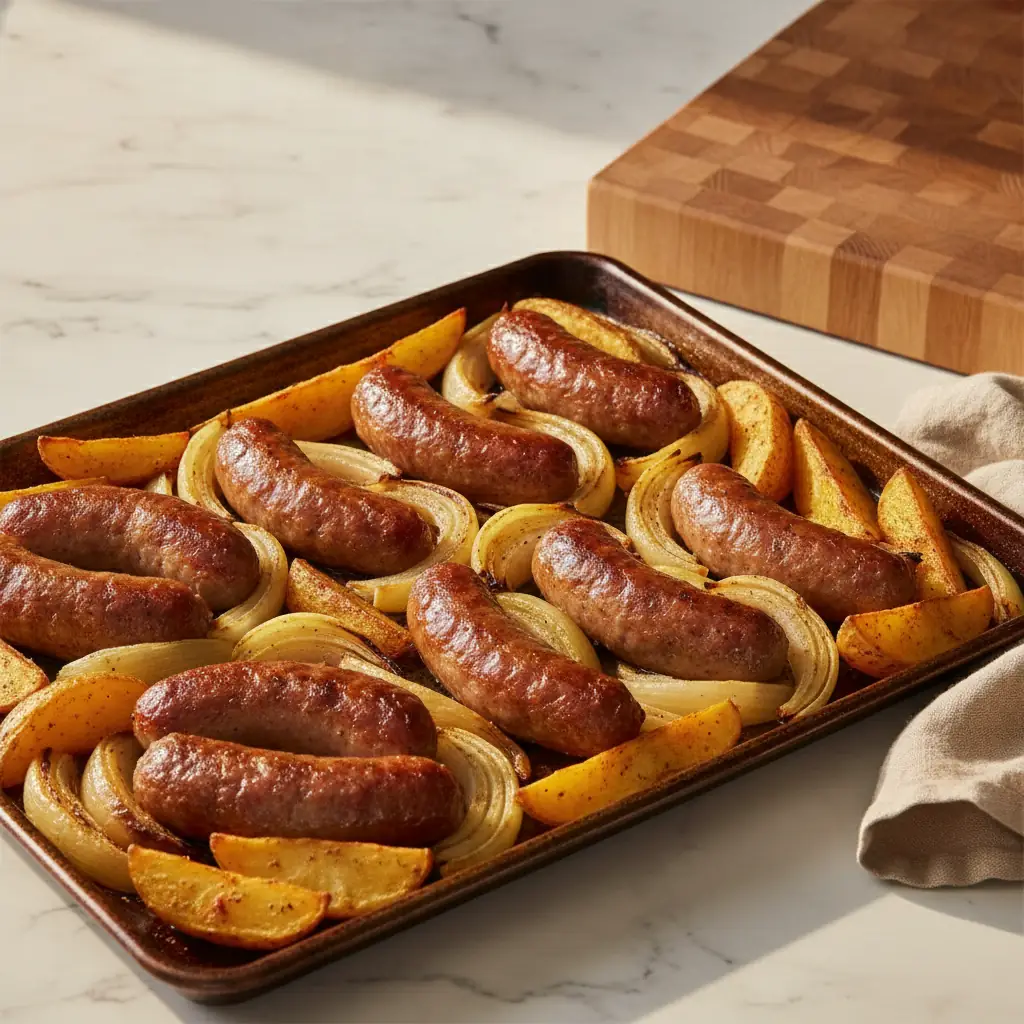 Sheet Pan Bangers with Smoky Crispy Potatoes and Charred Sweet Onion