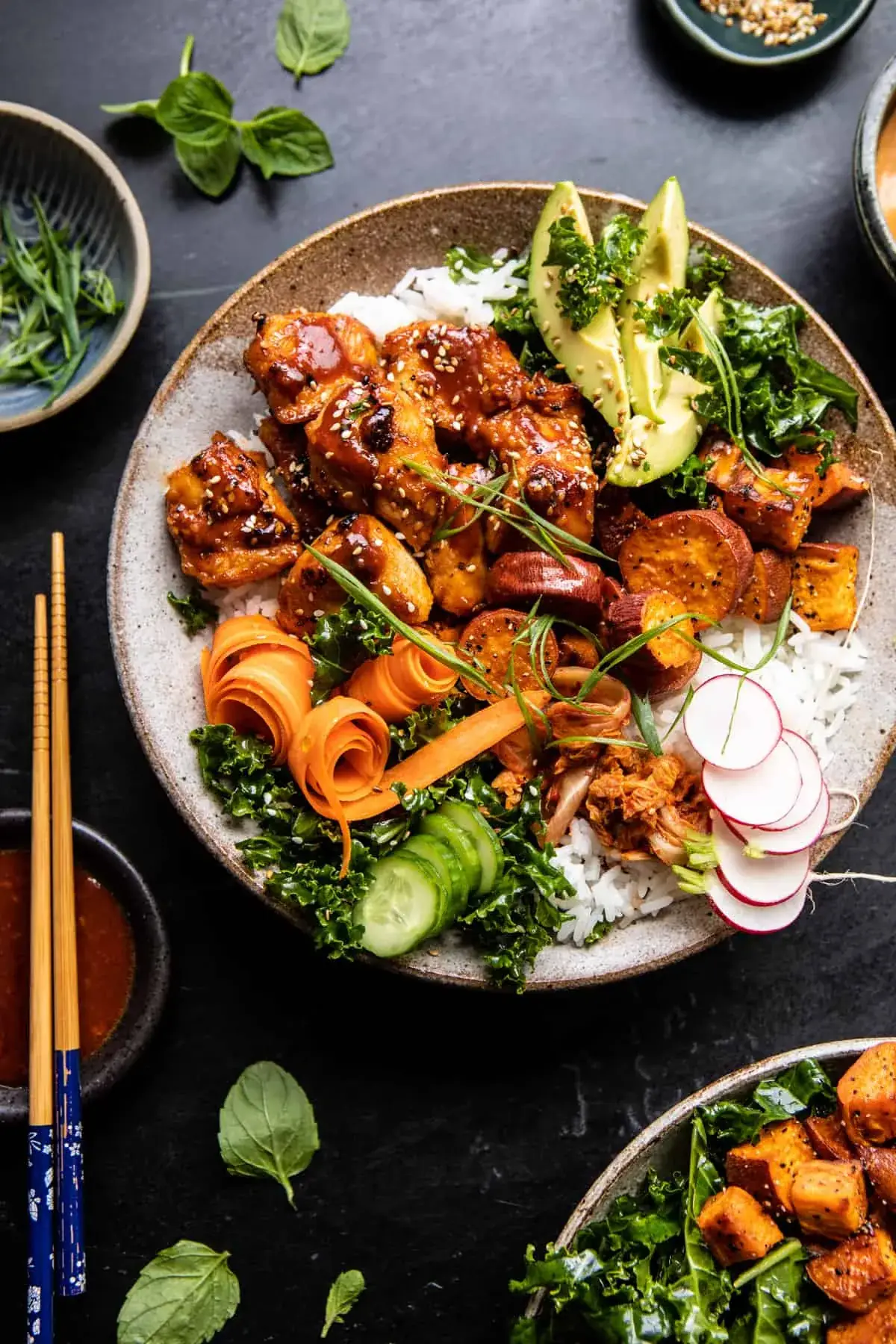 Sheet Pan Korean Chicken Bowls with Sweet Potatoes and Yum Yum Sauce