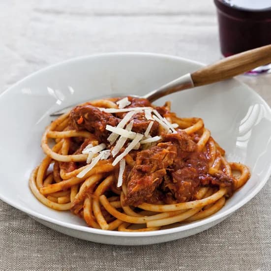 Slow Cooker Sunday Sauce on Spaghetti