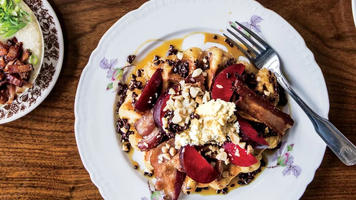 Pearl Sugar Waffles with Bacon and Plums