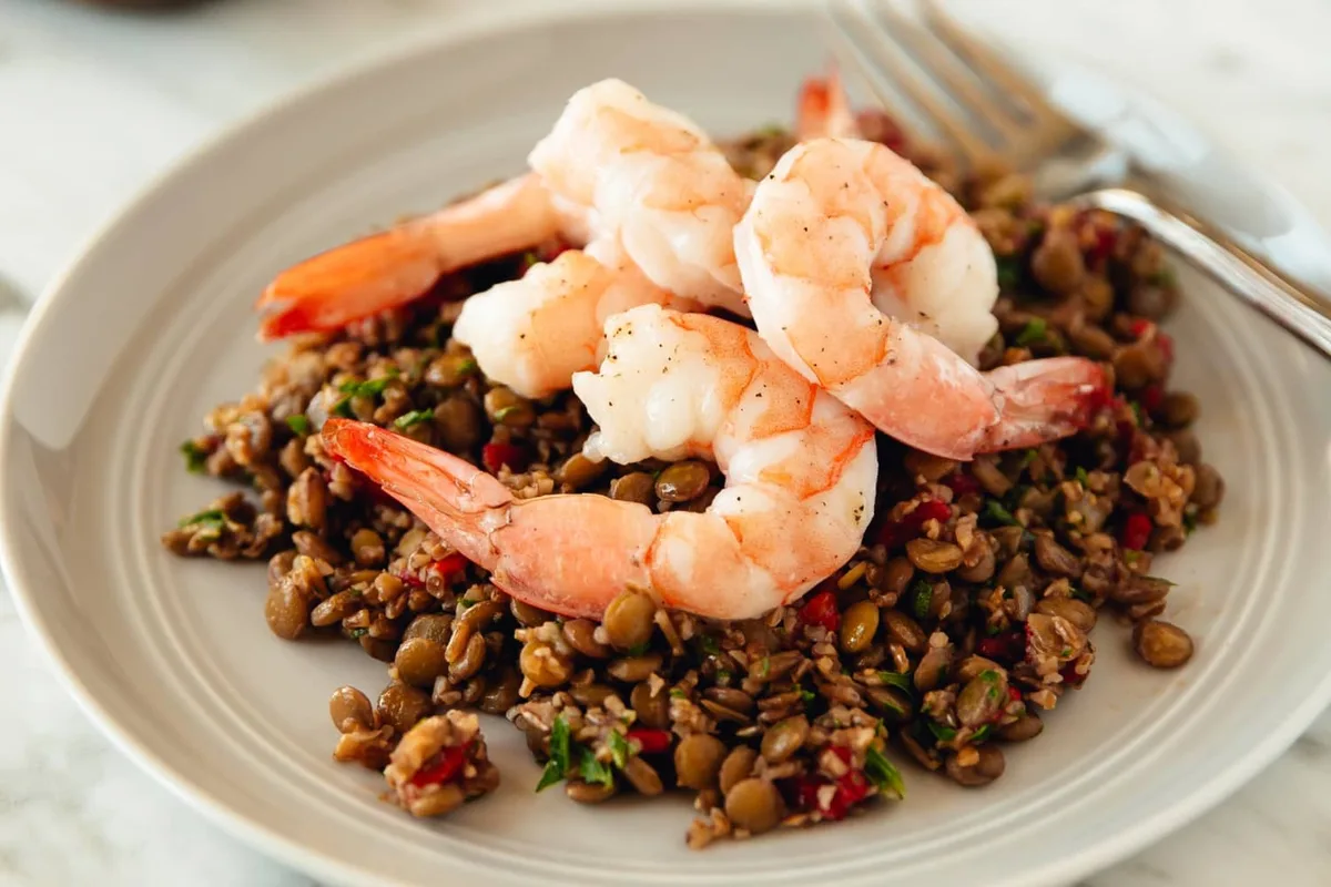 Recipe: Warm Bulgur and Lentil Salad with Roasted Shrimp
