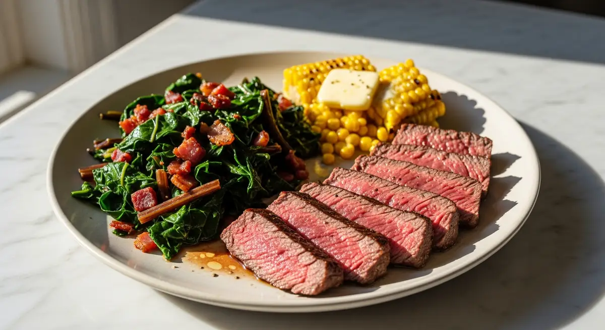 Seared Steak with Bacon-Braised Chard and Skillet Corn