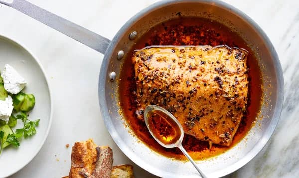 Spicy Slow-Roasted Salmon with Cucumbers and Feta