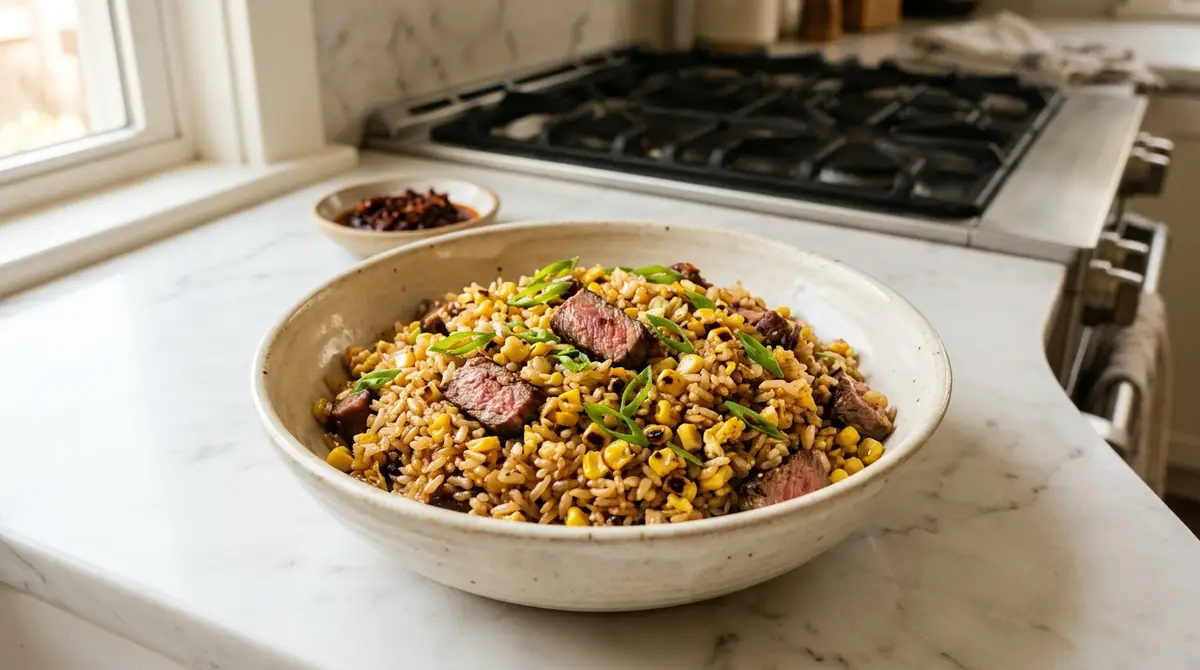 Trader Joe's Fried Rice with Steak and Roast Corn