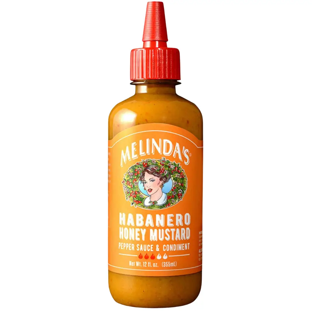 The bottle of Melinda's Hot Habanero Honey Mustard Pepper Sauce