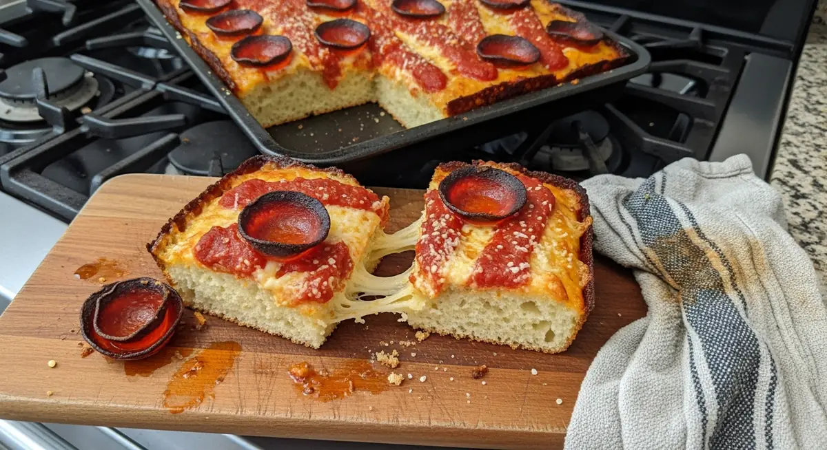 Detroit-style pizza in the black pan, dense tight crumb, charred pepperoni cups and stripes of red sauce on top