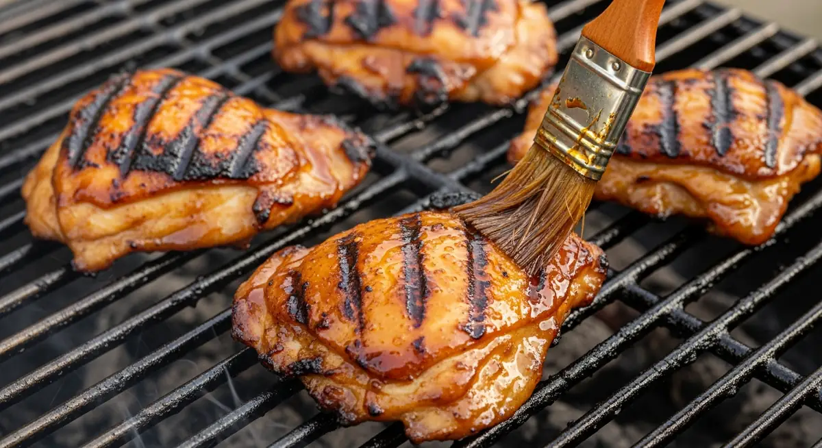 Teriyaki chicken thighs glazed and charring on the grill grates