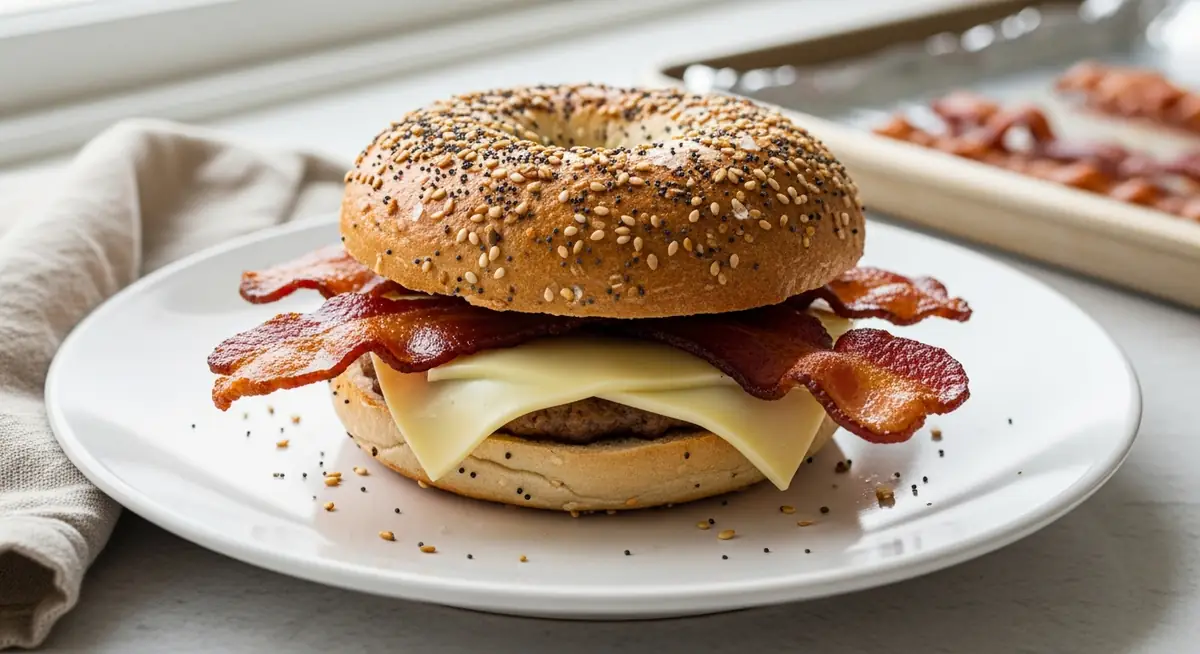 A toasted bagel breakfast sandwich with thick-cut bacon and melted white cheddar on a plate