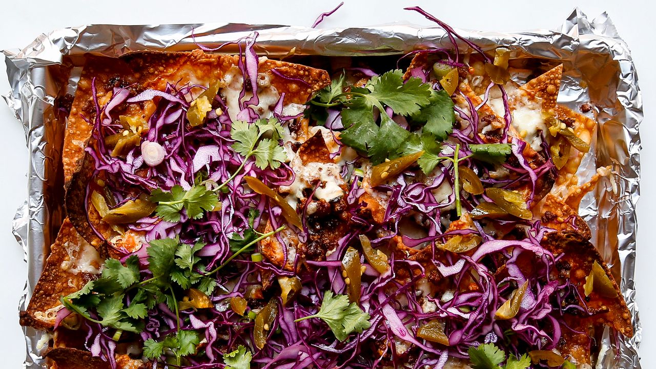 Asian-Style Pork Nachos with Red Cabbage and Scallions