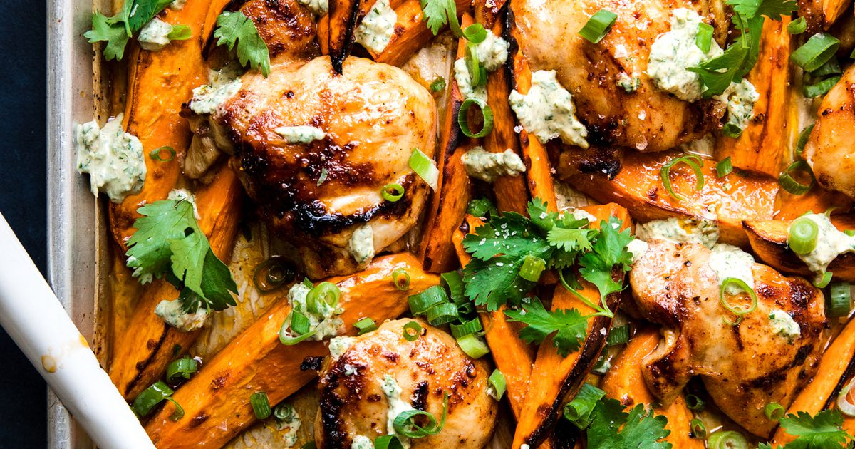 Chili-Honey Chicken & Sweet Potatoes W/ Cilantro Yogurt