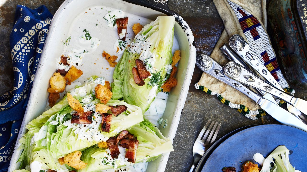 Iceberg Wedges with Grilled Bacon and Croutons