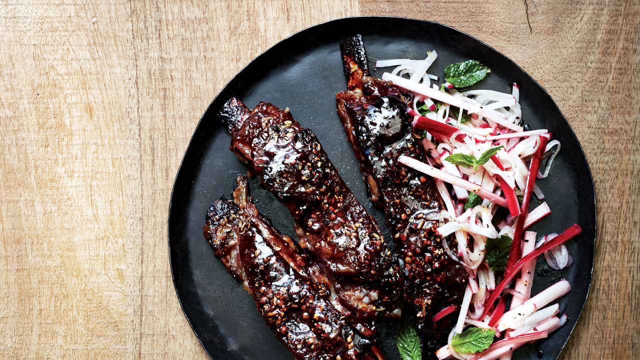 Lamb Ribs with Rhubarb and Radish Salad