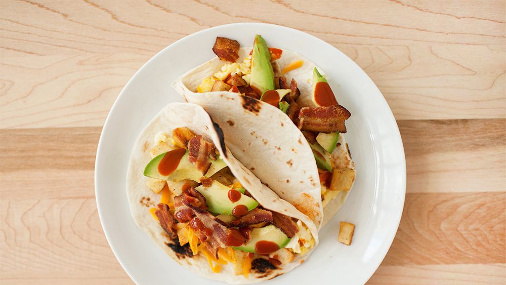 Potato-Bacon Breakfast Tacos with Monterey Jack