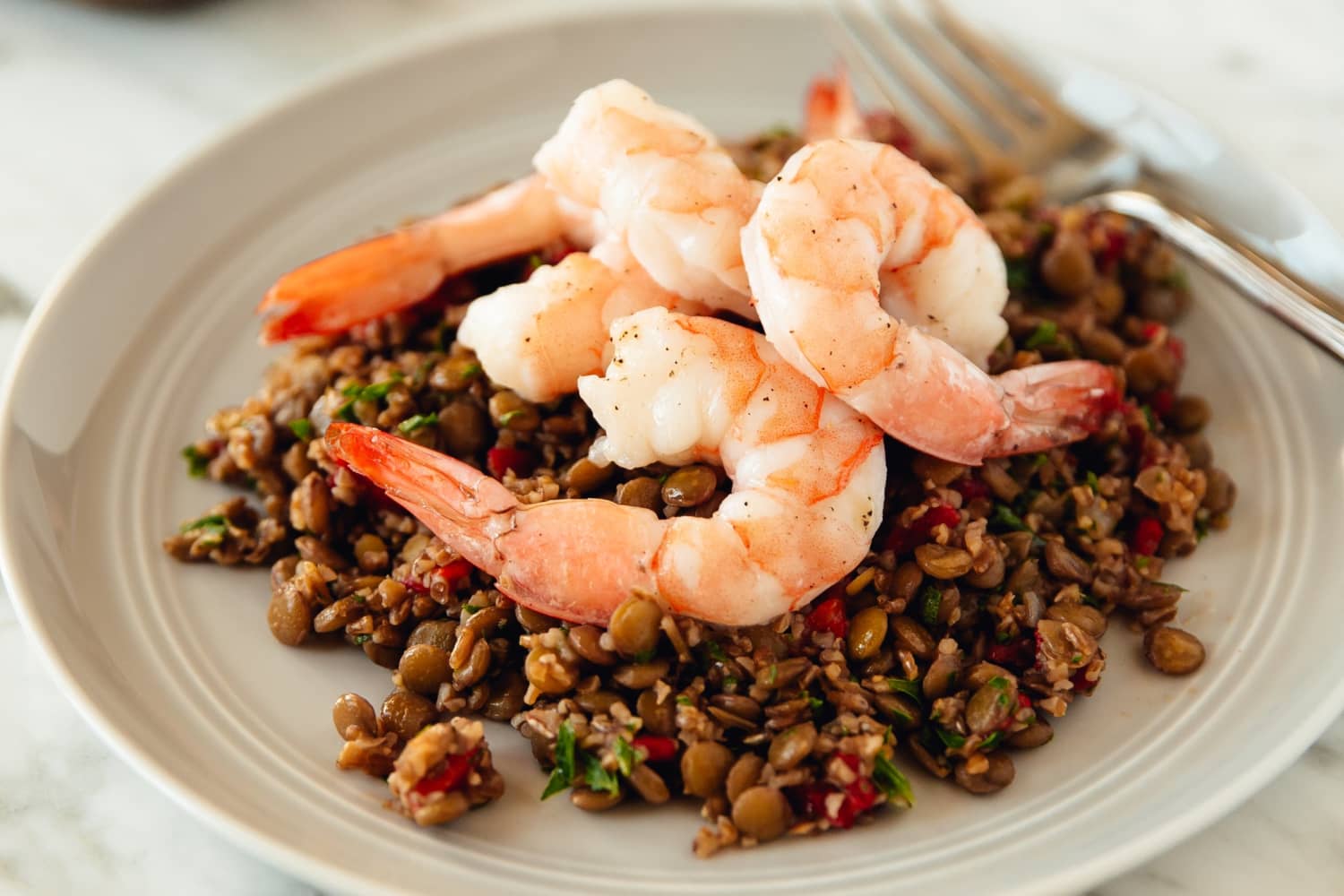 Recipe: Warm Bulgur and Lentil Salad with Roasted Shrimp