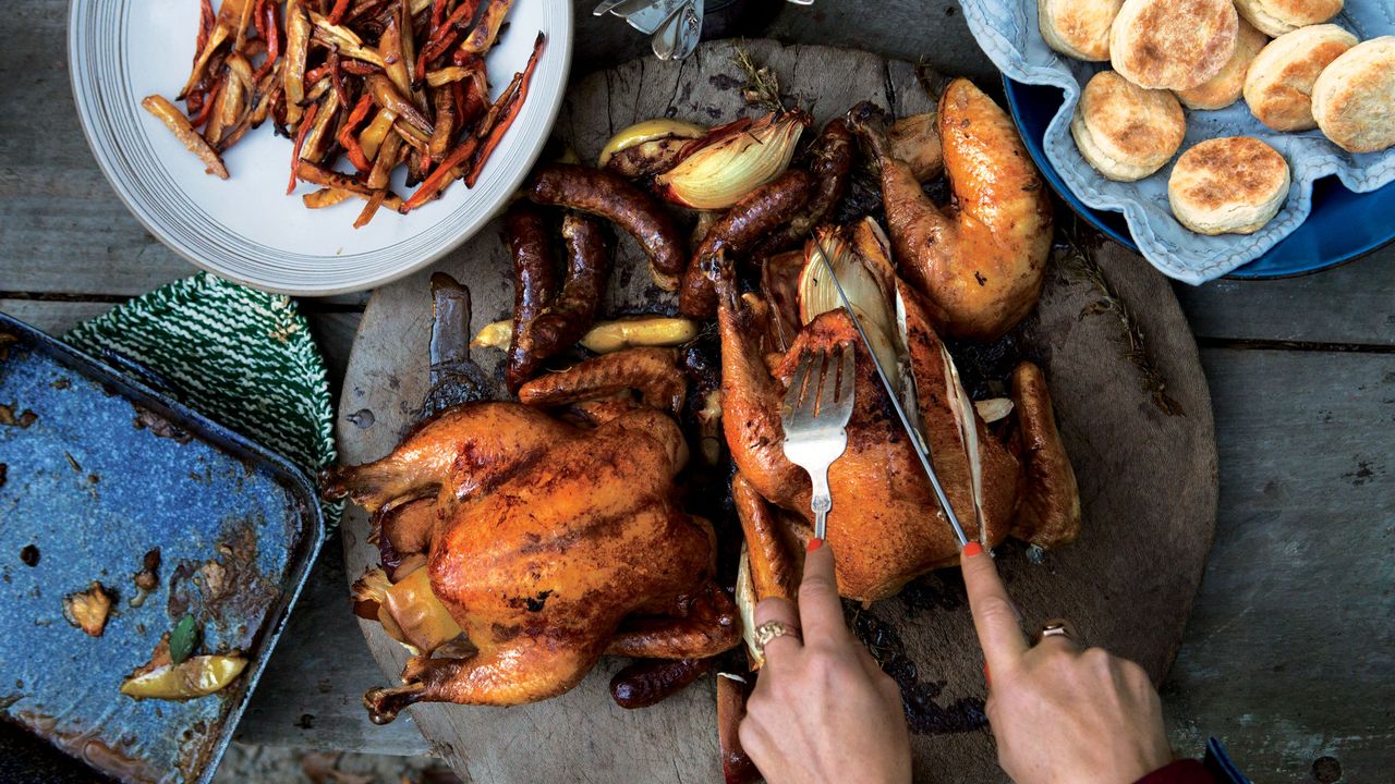Roast Chickens and Sausages for a Crowd